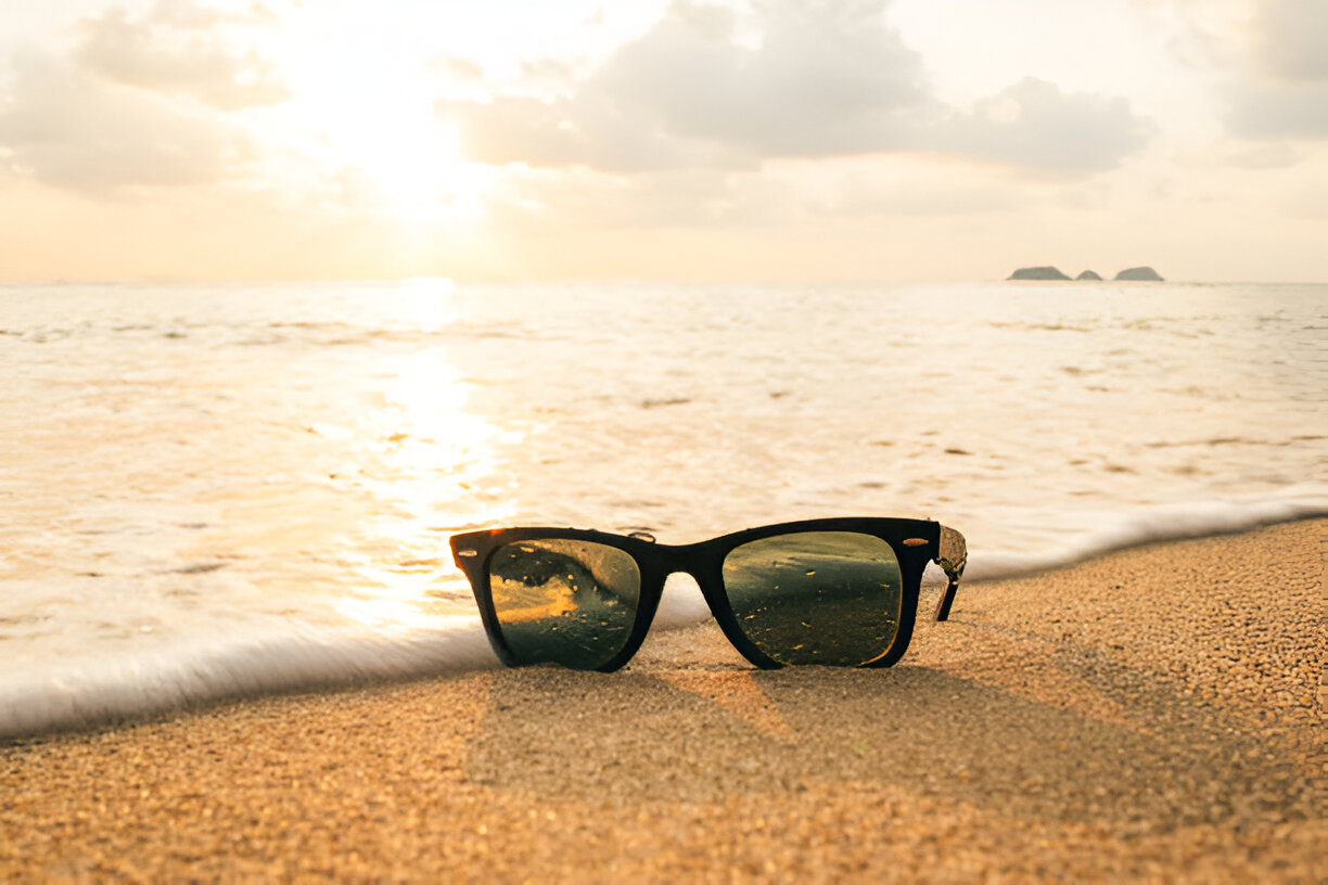 Lunettes de soleil dans le sable au bord de mer